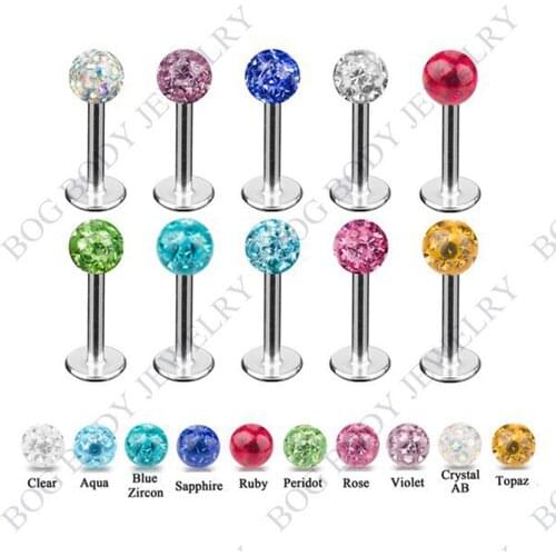 1PC Surgical Steel Labret Lip Stud Ear Cartilage Tragus Piercing Stud Earring With Epoxy CZ Crystal Ferido Ball Body Jewelry