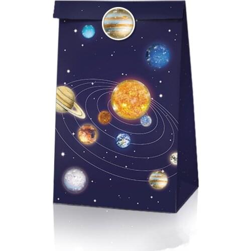 12pcs Outer Space Candy Box With Stickers Paper Gift Candy Bag Space Theme Party Favors Kids Birthday Baby Shower Decoration