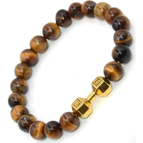 8MM Natural Stone Fit Life Bracelets For Men Beaded Dumbbell Lava Tiger Eye Mens Custom Bracelets Jewelry Gift