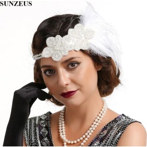 1920s Vintage Headband for Bridal Wedding Hair Decorations Beaded Elastic Headband Feathers Women Fanscinators Hats BQ021