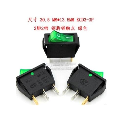 Free shippinp 10Pcs 3 Pin SPST Neon Light On/Off Rocker Switch AC 250V/10A 125V/15A green