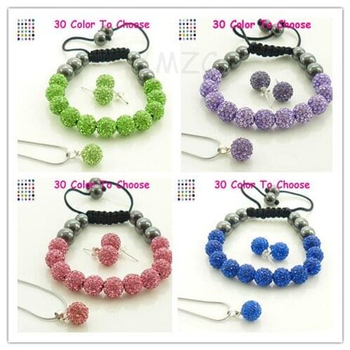 Free Gift+Free Shipping.Mix 8 Pcs/Lot 2 piece each color 10mm Crystal Silver Plated crystal Set Bracelet Earring Necklace