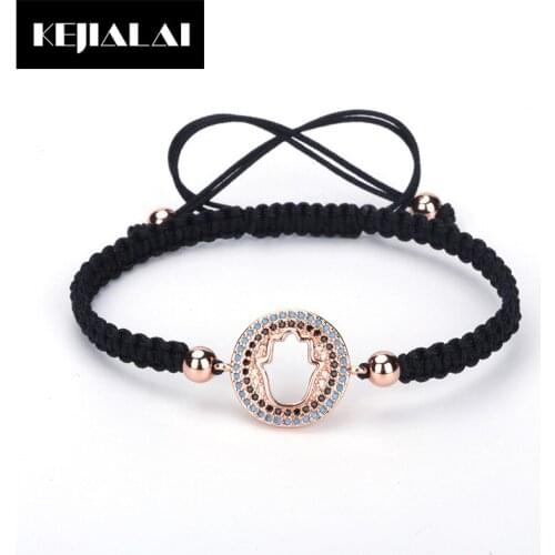 Simple Style Hamsa Hand Charm Bracelets for Women Girls Party Round Shape Charm Paved with Rhinestone Macrame Bracelets Gift