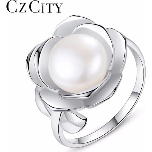 CZCITY Flower Shape 10-15MM White Freshwater Pearl Ring Gift For Women Brand 925 Sterling Silver Bridal Wedding Jewelry Rings