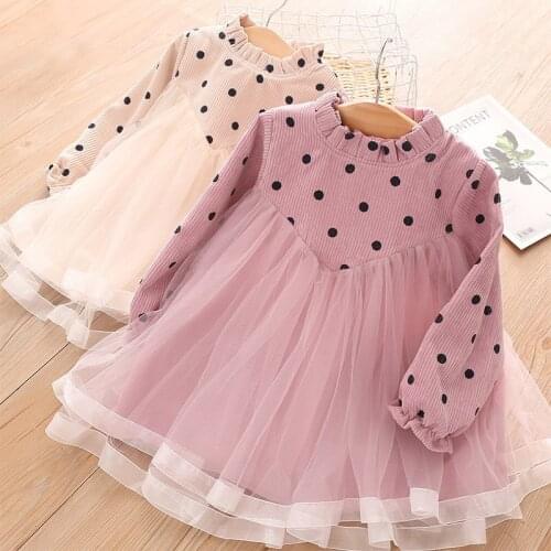 2020 Winter Warm 2 3 4 6 8 10 Years Children Lace Patchwork Dot Print Crew Neck Winter Thickening Dress For Kids Baby Girl
