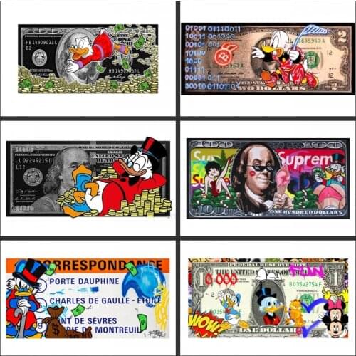 Disney Cartoon Canvas Painting Mickey Mouse Donald Duck Money Press 100 Dollar Poster Print Wall Art Picture for Home Decoration
