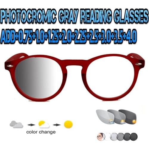 Photochromic Gray Reading Glasses Round Ultralight Trend High Quality Fashion Men Women+1.0 +1.5 +1.75 +2.0 +2.5 +3 +3.5 +4