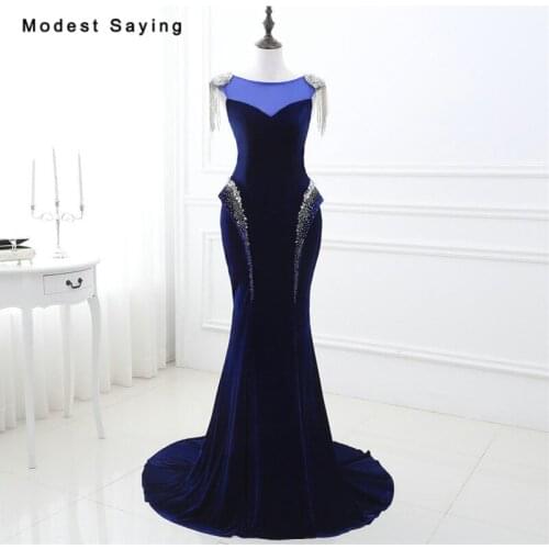 Glamorours Mermaid Tassel Shoulder Blue Velvet Beaded Evening Dress 2017 with Rhinestone Formal Engagement Long Party Prom Gowns