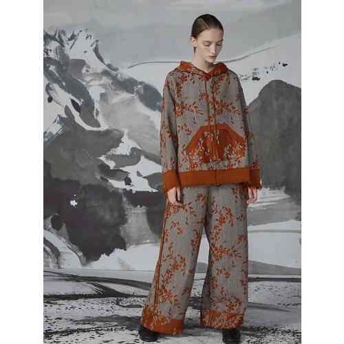 IRINACH08 2019 Fall Winter 2019 new collection jacquard plaid hoodies and wide leg pants set women