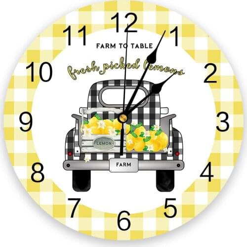 Lemon Truck Farm Fruit Yellow White Plaid Living Room Clock Wall Round Clocks Decor Home Bedroom Kitchen Decoration Wall Clocks