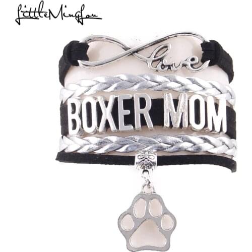 Little Minglou infinity love BOXER MOM bracelet pet dog paw charm leather wrap bracelets & bangles for women jewelry family gift