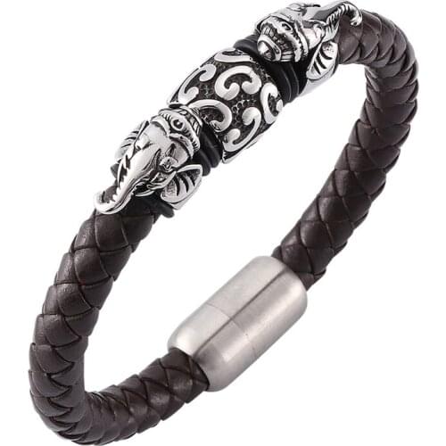Fashion Men Bracelet Bangle Brown Genuine Leather Chain Elephant Stainless Steel Magnetic Buckle Charm Bracelets Jewelry PD0135