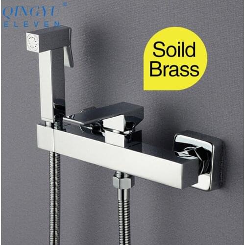 QINGYU ELEVEN soild brass toilet bidet square sprayer set Hot and cold water mixer hygienic hand chrome bidet shower set