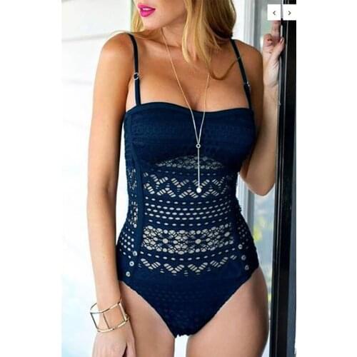 Sanderala Woman Lace Hollow One Piece Bikinis Swimwear Sexy Halter Padded Adjustable Control Bodysuit Swimming High Waist