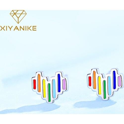 XIYANIKE 925 Sterling Silver Creative Rainbow Heart Stud Earrings Prevent Allergy For Women Trendy Elegant Party Jewelry Gift