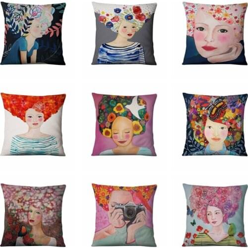 Mordern Fashion Painting Girl In Flowers Thin Linen Pillowcase Home Pillow Decoration Sofa Throw Pillows Almofadas Decorativas