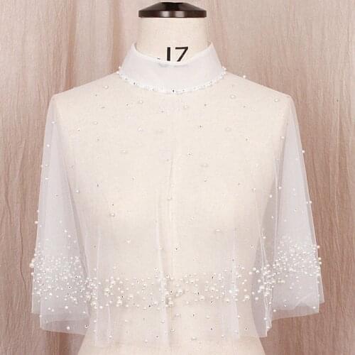 Bridal Pearl Beaded Tulle Luxury Wedding Cape Lady Mandarin Collar Illusion Party Shawl Women Button Shrug