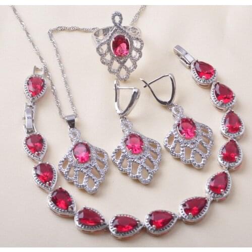 Bridal jewelry Silver Color Jewelry Sets For Women Wedding Jewelry Red Zirconia Bracelet Earrings Ring Christmas Gift QS0623