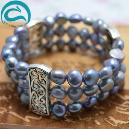 Unique 100% Natural Freshwater Pearl Bracelet AA 8-9MM Black Color Real Pearl Jewellery Elastic Bracelet,Woman Fine Jewellery