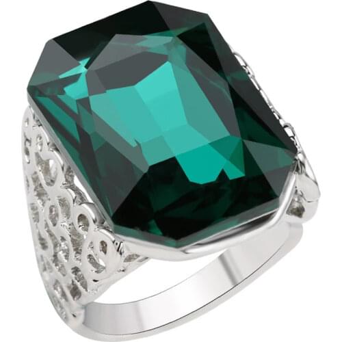 Vintage Silver Color Exaggerated Deep Green Stone Hollow Wave Pattern Chunky Rings for Women Men Fashion Jewelry