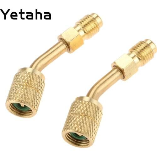 Yetaha 2Pcs R410A Gauges Hose Angled Adapter 1/4" SAE Air Conditioning Charging Valve Connector Car Refrigeration Tools