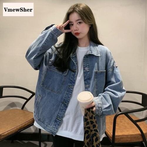 VmewSher New Spring Autumn Women Denim Jacket Long Sleeve Pockets Single Breasted Jean Coat Female Basic Solid Casual Outwear