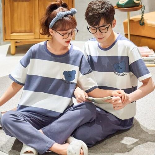 Kawaii Cartoon Little Bears Print Women Pajamas Summer Cotton Couple Sleepwear Plus Size Blue Stripe Home Wear Outdoor Nightwear