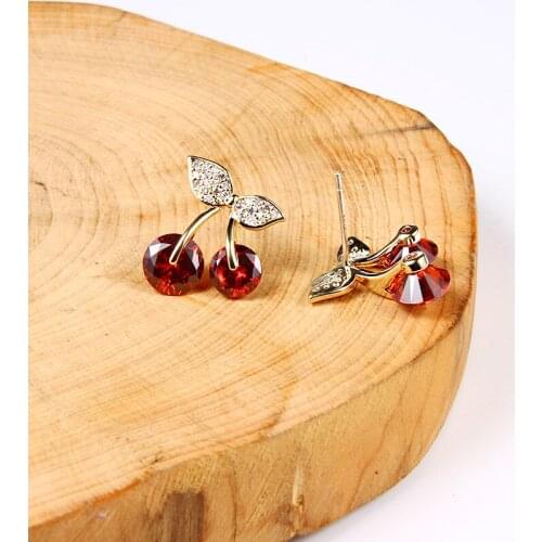 LADYCHIC Top Quality Cherry Earrings for Women Gold Color Flash Red CZ Zircon Ear Studs Earring for Wedding Party Jewelry LE1387