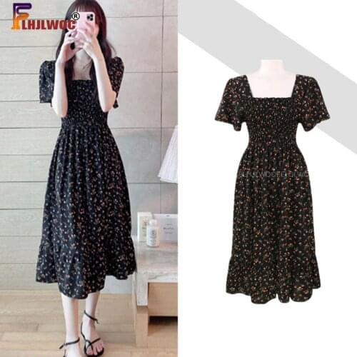 Strapless A Line Dresses Summer Cute Chic Fashion Korean Design Floral Printed Black Chiffon Retro Vintage Long Dress Vestidos
