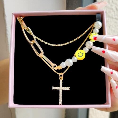 Fashion Smiley Pearl Cross Pendant Necklaces Multi-layers Punk Thick Chain Necklace For Women Bohemian Choker Trendy New Jewelry
