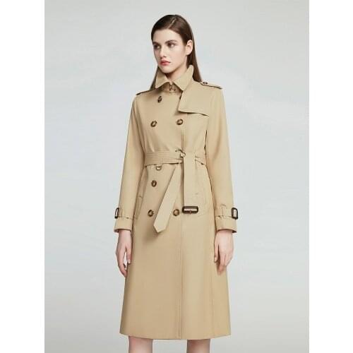 Khaki windbreaker autumn 2021 new double row button medium length over knee British slim fashion coat women