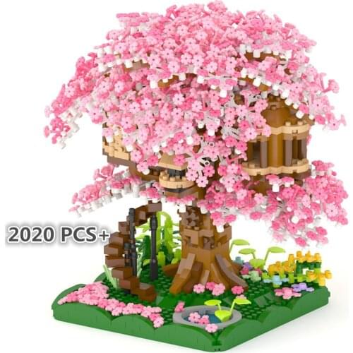 2020P+ Sakura House Architecture Blocks Dream Romantic Tree Home 3D Model DIY Flower Mini Building Small Brick Toy For Children
