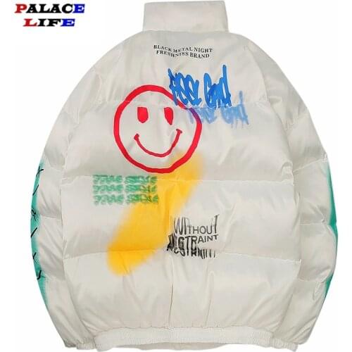 2021 Hip Hop Jacket Parka Smile Face Print Men Windbreaker Streetwear Harajuku Winter Padded Jacket Coat Warm Outwear Thick