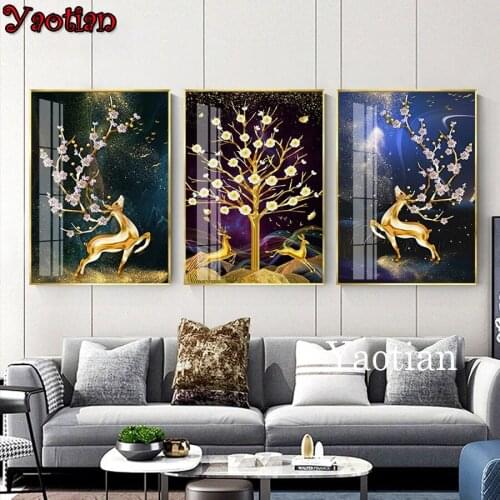 3pcs/set Diamond Painting Cross Stitch Abstract Gold Deer Peach blossom Tree Diamond Mosaic Full Square/Round Embroidery Kits