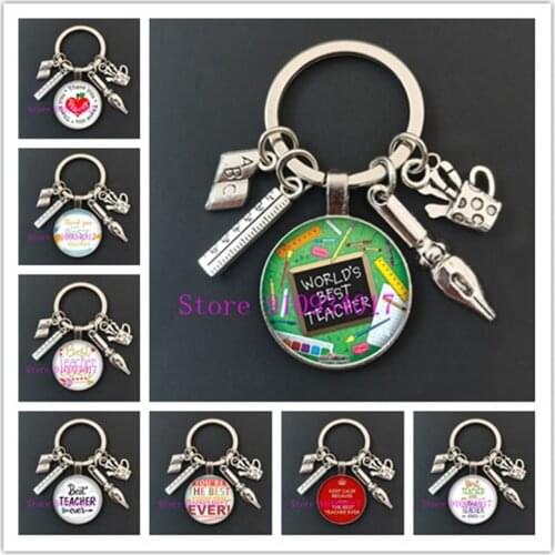 Teacher Keychain Thank You Teacher Text Keychain Charm Glass Crystal Pendant Key Ring Bag Car Keychain Teachers Day Gift