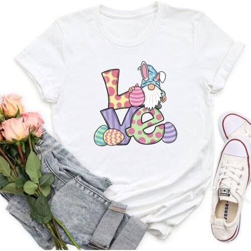 Colored Love Bunny Gnome With Eggs T-shirt Aesthetic Easter Holiday Gift Tshirt Cute Women Graphic Gnomes Easter Tee Top
