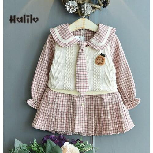 Kids Boutique Outfits Plaid Peter Pan Collar Long Sleeve Dress + Vest Two Piece Set Autumn School Toddlers Clothing For Girls