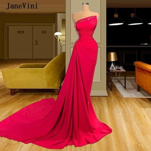 JaneVini New Elegant Rose Red Mermaid Evening Dresses Long 2020 Strapless Beaded Satin Sexy Evening Gowns Women Party Night Wear
