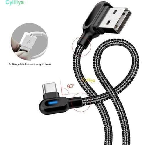 Double Elbow Type-C Micro USB Cables Fast Charge 90 Degree Cable With Light Charger Cord Adapter Data Cable For Samsung Huawei