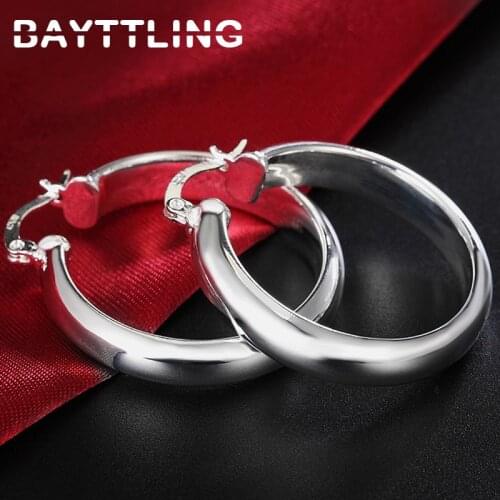 BAYTTLING 34MM 925 Sterling Silver Gold/Silver Smooth Flat Round Hoop Earrings For Woman Fashion Glamour Earrings Jewelry Gift