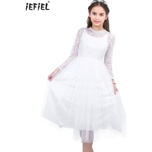 Lace Mesh Spliced Flower Girl Dress Girls Long Sleeves Princess Dress Elegant Pageant Wedding Bridesmaid Birthday Party Dress