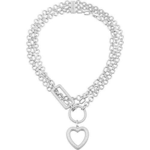 Fashion Real 925 Sterling Silver Heart Circle and Rectangle Triple Chain Necklace with Zirconia Women Brand ECLAT Jewelry