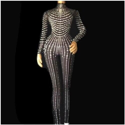 Party bar Outfit show bodysuit Sexy black Pearls Jumpsuit birthday Nightclub show singer dance Costume