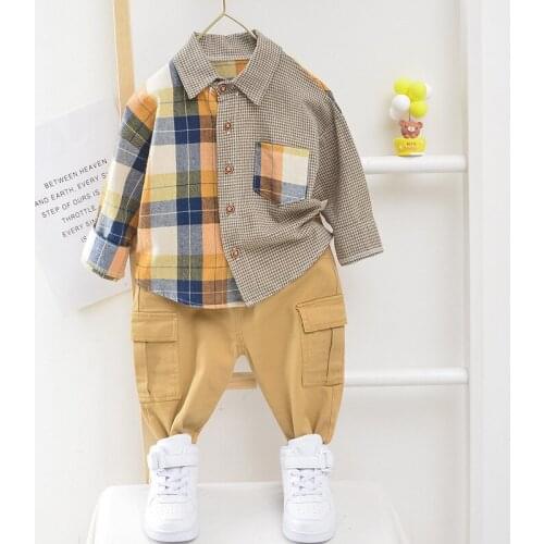 Toddler Baby Boys Clothes Patchwork Plaid Shirt Khaki Pocket Pants Set Cotton 1-5 Years Spring Autumn Kids Clothing Infant Suit