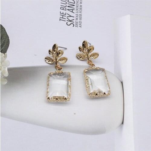Popular fashion jewelry metal leaf earrings transparent white glass drop earrings statement earrings for women gift