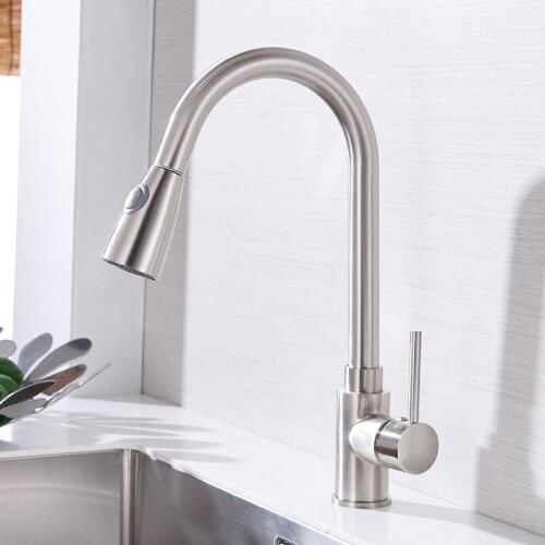 Silver Single Handle Pull Out Kitchen Tap Single Hole Handle 360 Rotate Crane Chrome Swivel Sink Mixer Tap408906Kitchen Faucets