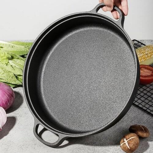 Thickened Cast Iron Pancake Cooking Pan Pot Dual Handle Pan Uncoated Griddle Wok Non-Stick Griddle Grill Frying Baking Cookware