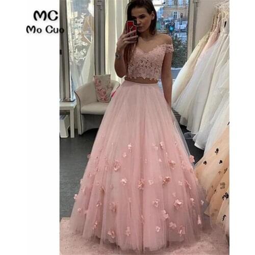 Chic Off Shoulder Two Piece Prom Dresses Lace Sleeveless Lace Up Back Maid of Honer Sweep Train Backless Sheer Lace Prom Dress
