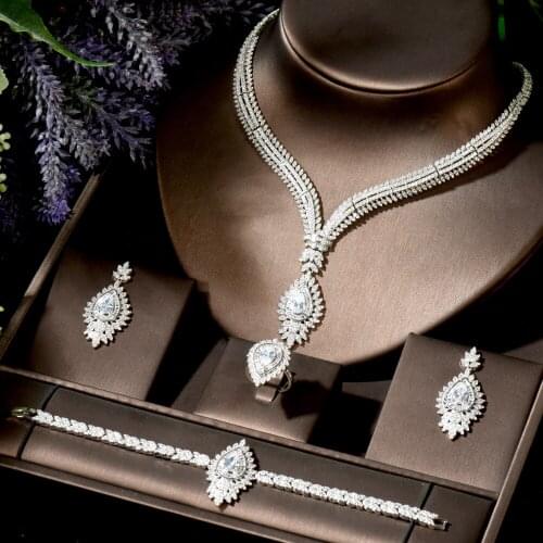 HIBRIDE Water Drop Long Dangle Earrings For Women Wedding Cubic Zircon Crystal Dubai Bridal Fashion Jewelry Set N-1853
