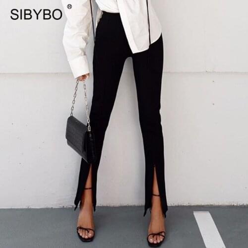 Sibybo Zipper Split Women Pencil Pants Autumn High Waist Skinny Trousers Black Casual Fashion Ladies Bodycon Streetwear Pants